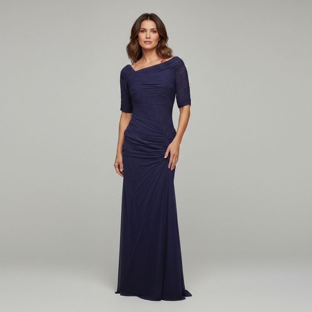Tadashi Shoji Navy Blue Ruched Pintuck Mesh Evening Gown Dress Small 0148